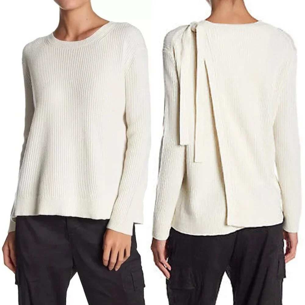 Vince Tie-Back Ribbed Cotton Cashmere Blend Sweater Cream Size L Quiet Luxury